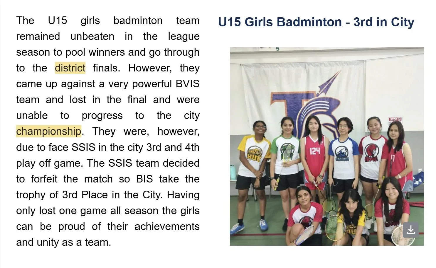 Badminton (U15 SISAC – 2024) - City 3rd Place