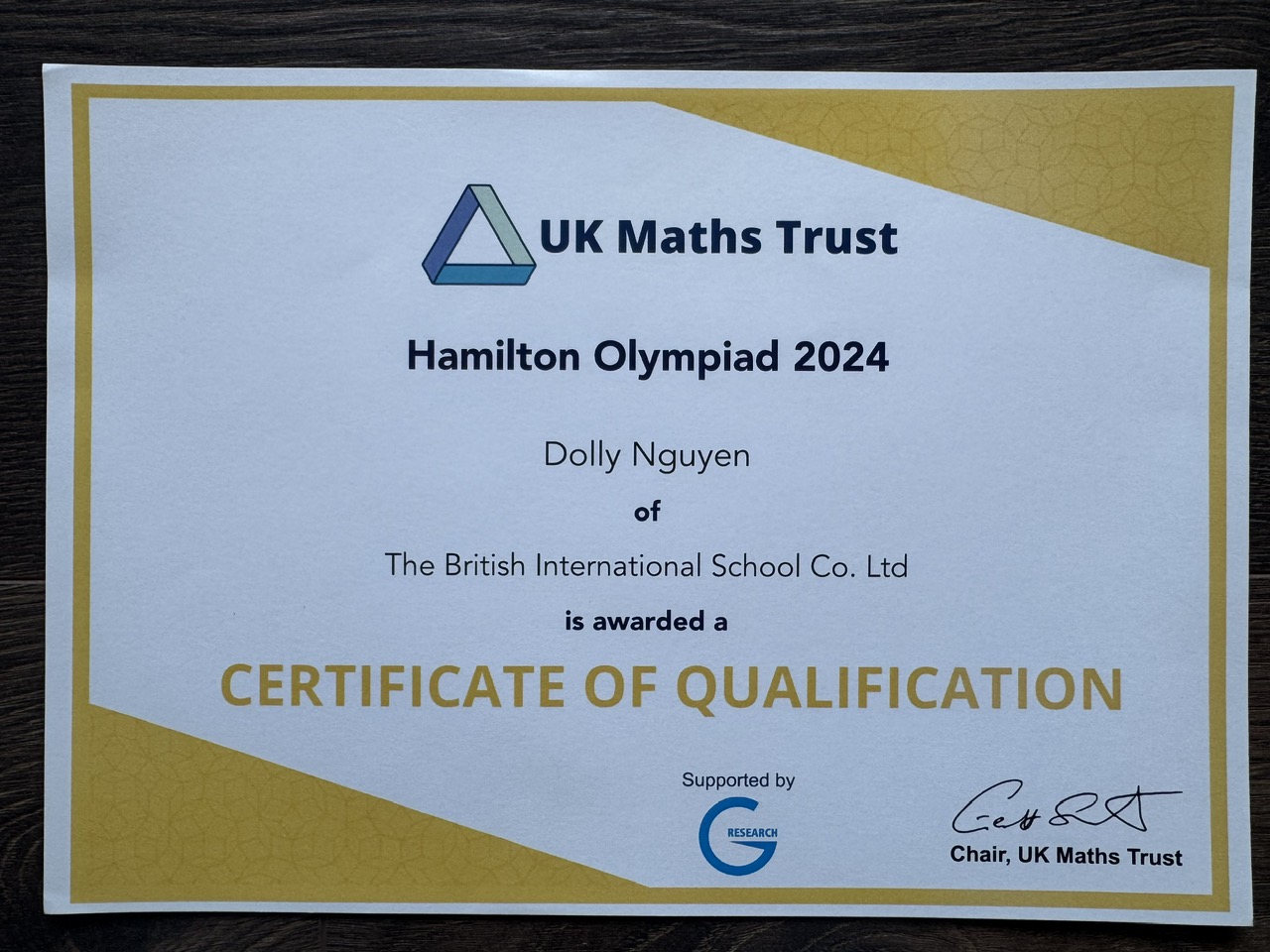 UKMT Intermediate Maths Olympiad – Qualification Award (Top 1,800 globally) 