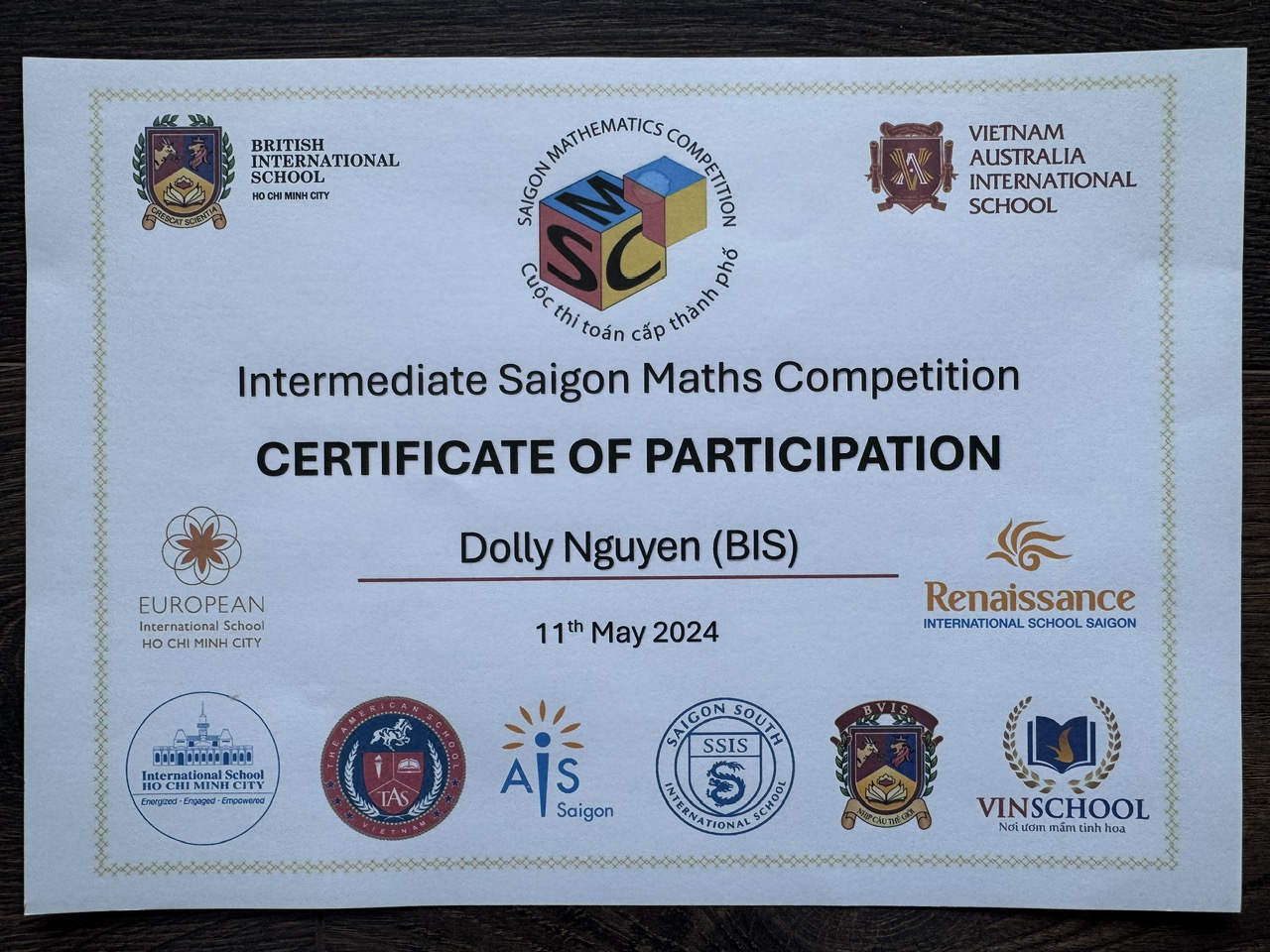 Intermediate Saigon Mathematics Competition – 3rd Place (Team Overall) 