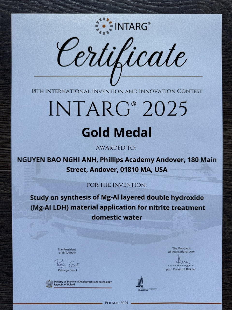 Gold Medal – INTARG International Invention and Innovation Contest (2025) 